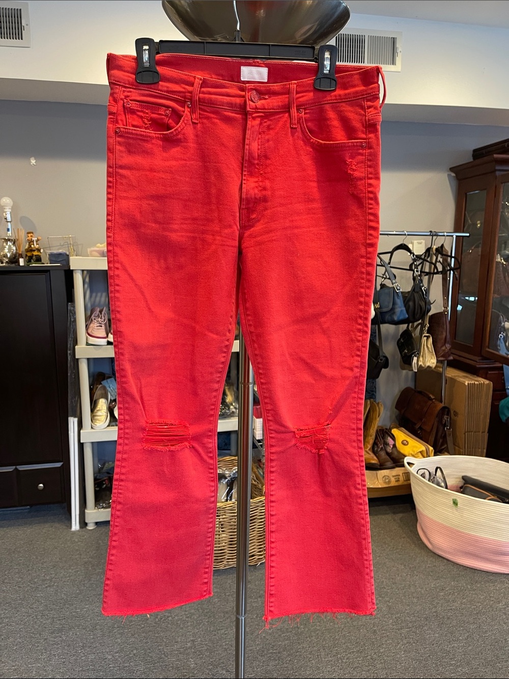 MOTHER Red Crop Flare Jeans Size 30 Low Rise Insider Crop Fray Firecracker Wash